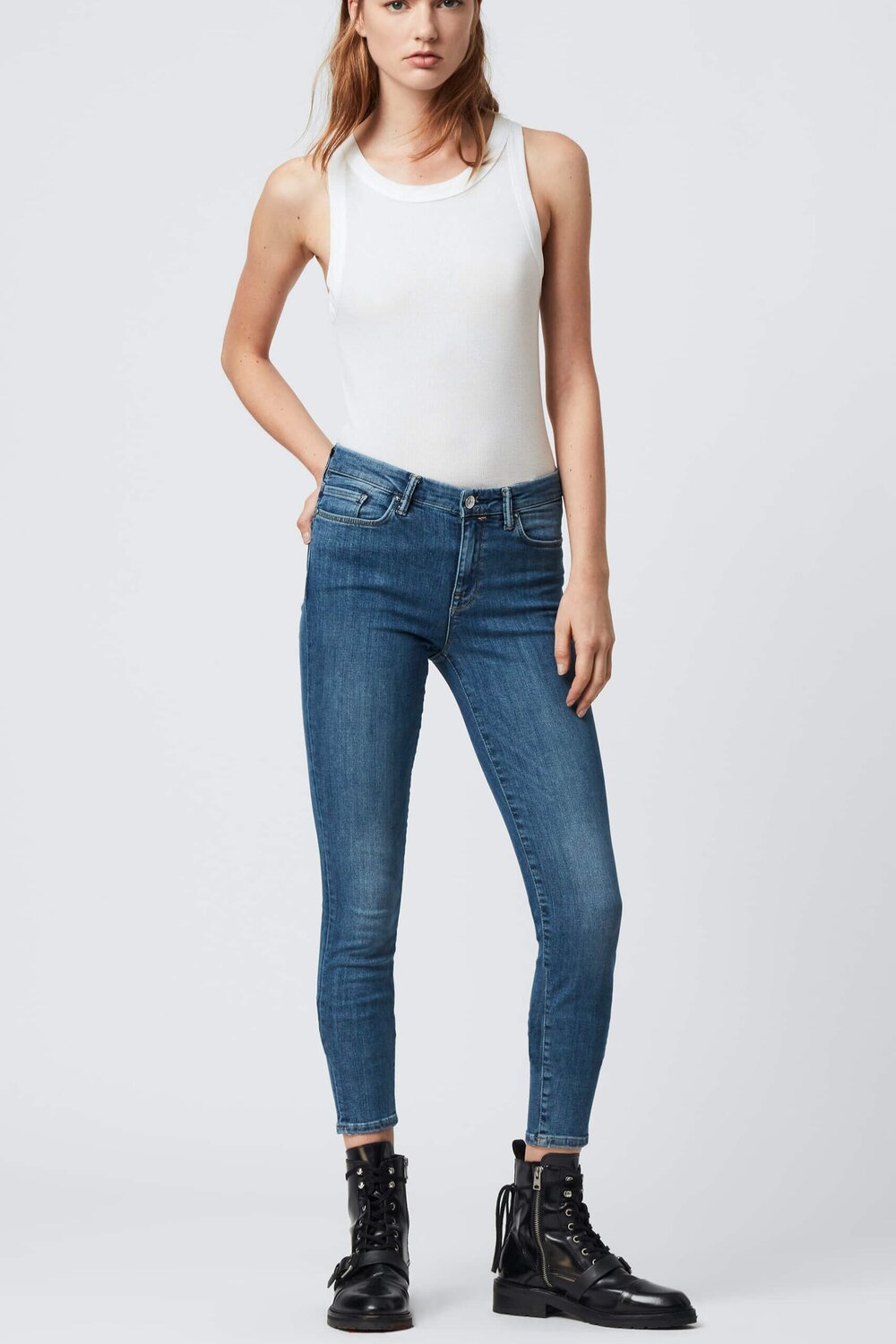 GRACE BODY SHAPING SKINNY MID-RISE JEANS, $60, AllSaints