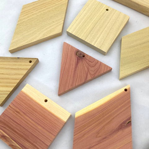 various geometric shapes of wood made out of poplar, cedar, and sassafras