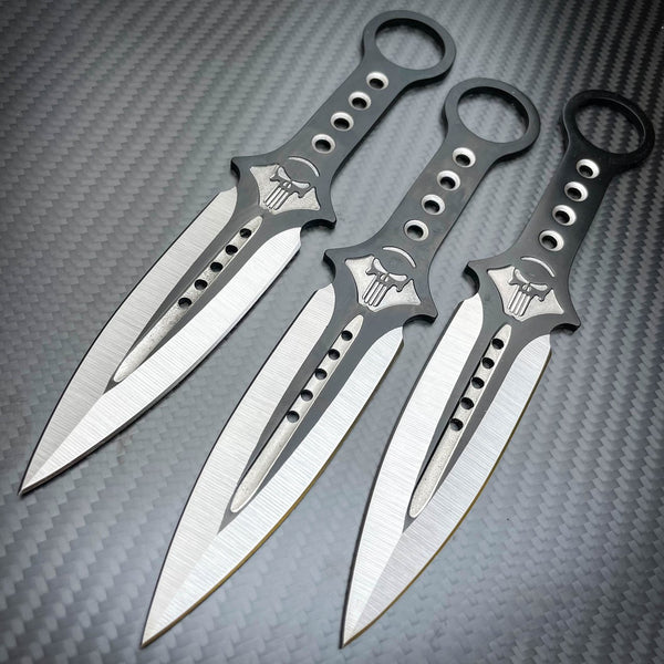 6 Black Ninja Skull Tactical Titanium Throwing Knife 3pc Sheathed Set