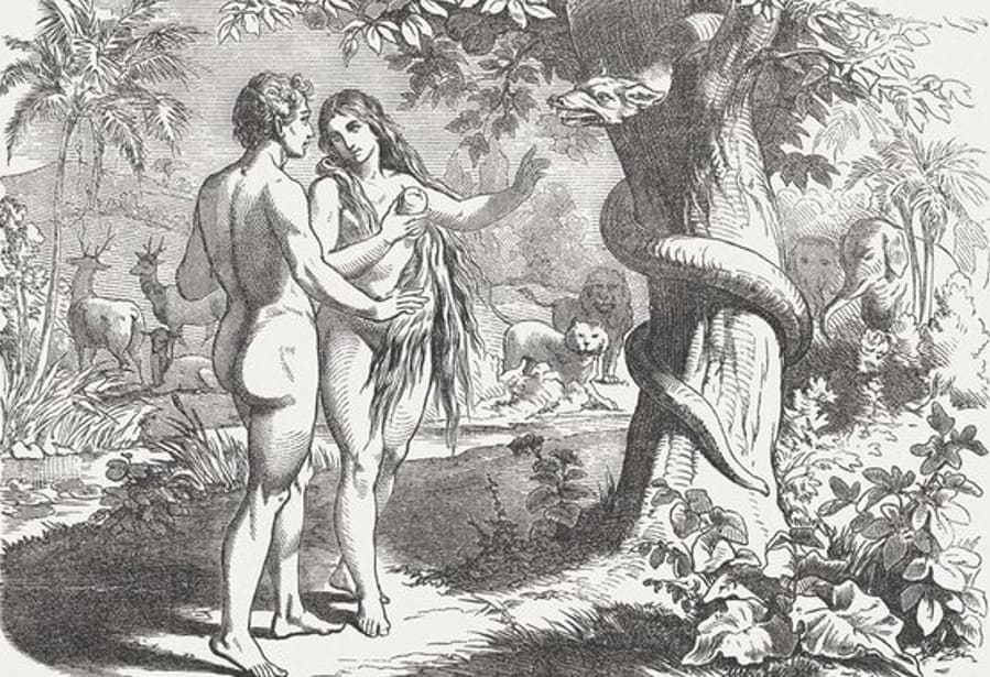 The snake tempting Adam and Eve