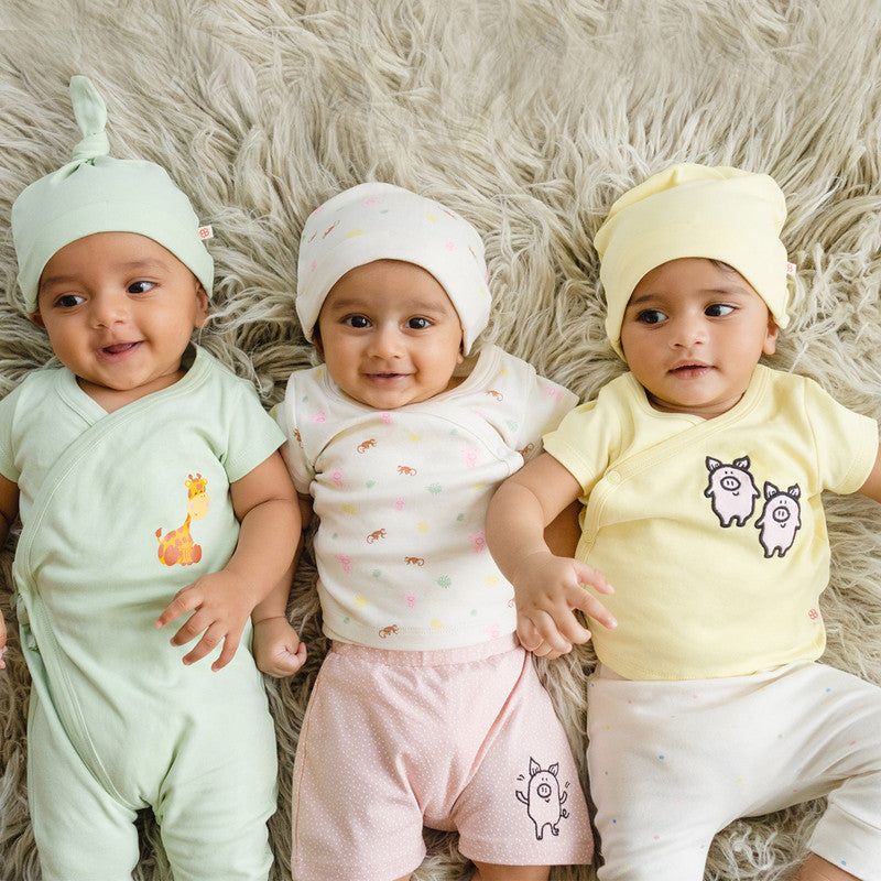 Organic Cotton Baby Caps | Yellow-Green & Beige | Set of 3