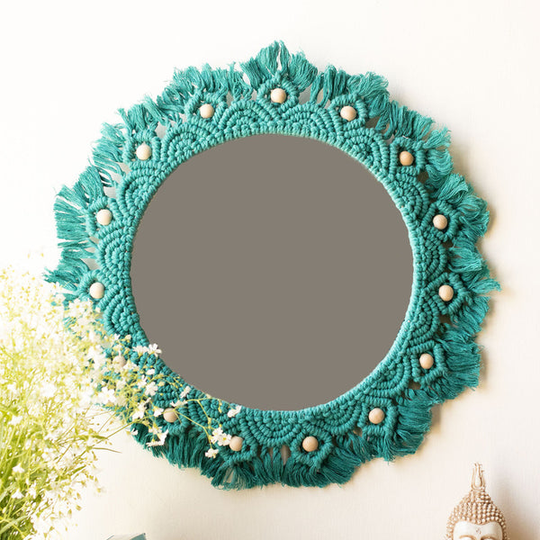 Handwoven Turquoise Macrame Round Mirror