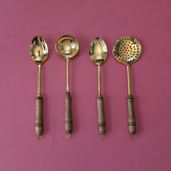 Brass Utensils | Ladles with Wooden Handles | 9 inches | Set of 4