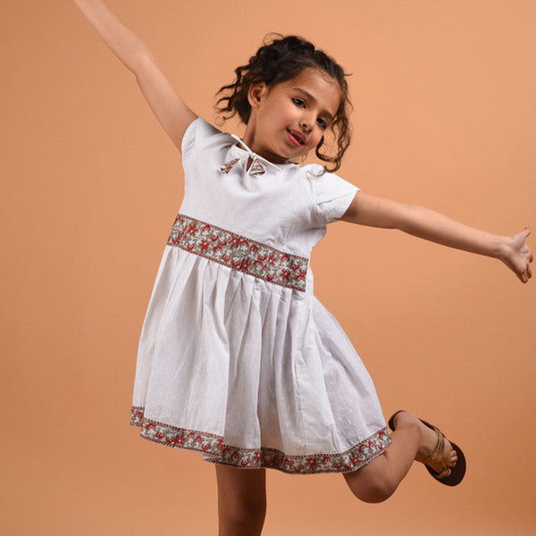Birthday Dress | Cotton Border Dress for Kids | White