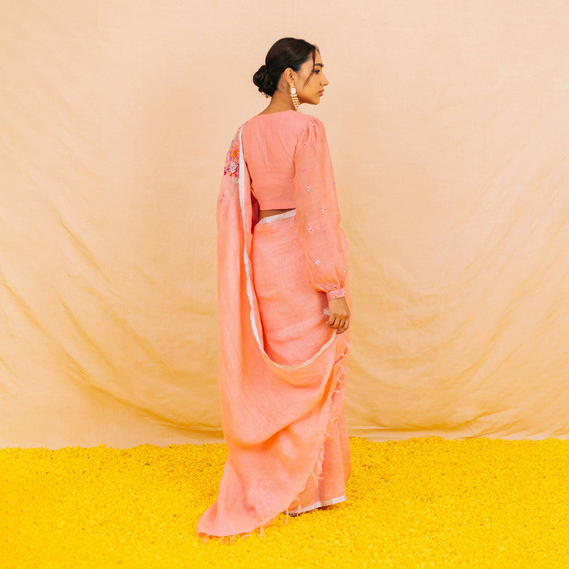 Festive Wear For Women | Linen Saree | Embroidered | Peach