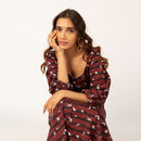 100% Cotton Maroon Printed Midi Dress with Puffed Sleeves