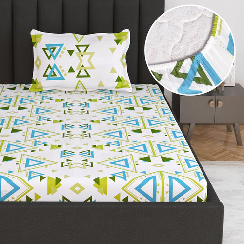 Neutral Green Triangle Pattern Elastic Fitted Bedsheet For Single Bed