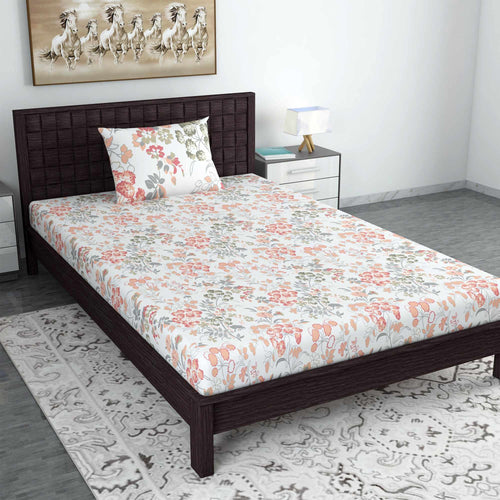 Vintage Floral 100% Cotton Bedsheet for Single Bed- Peach