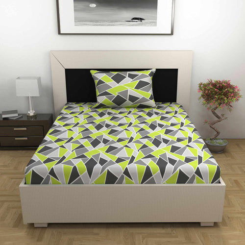 Triangle Lime Green and Grey Bedsheet for Single Bed - 100% Cotton