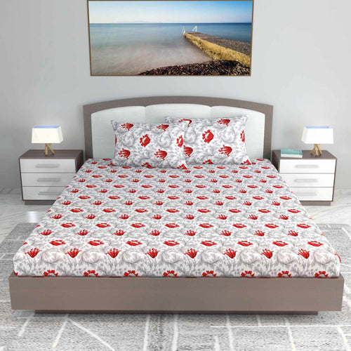 Tulip Floral 100% Cotton Bedsheet for King Size Bed - Grey and Red