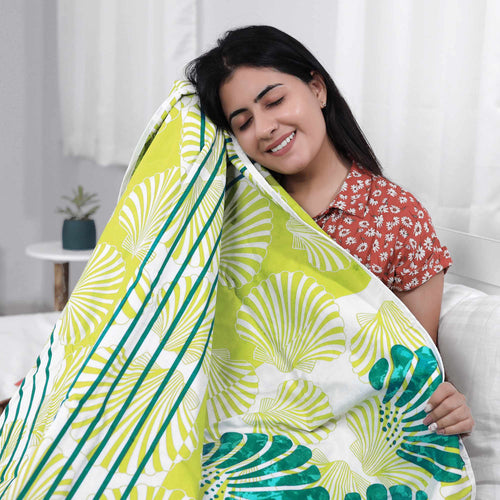 Green and Brown 120 GSM Cotton Floral Double Bed AC Blanket Dohar for All Season