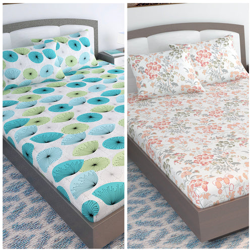 Green and Peach Set of 2 Elastic Fitted Combo Bedsheet For King Size Bed