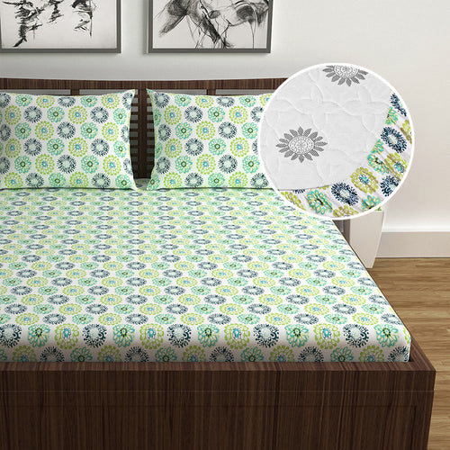 Green Dahlia Floral Printed Elastic Fitted Double Bed Bedsheet