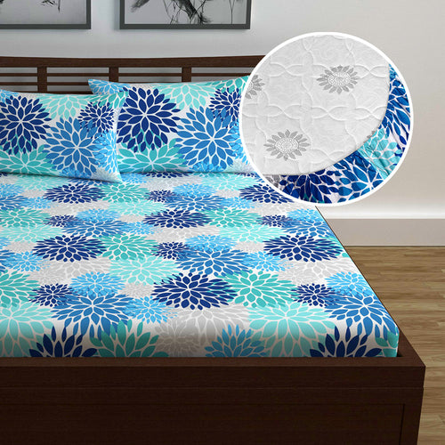 Sky Blue Silhouette leaves Elastic Fitted Double Bed Bedsheet