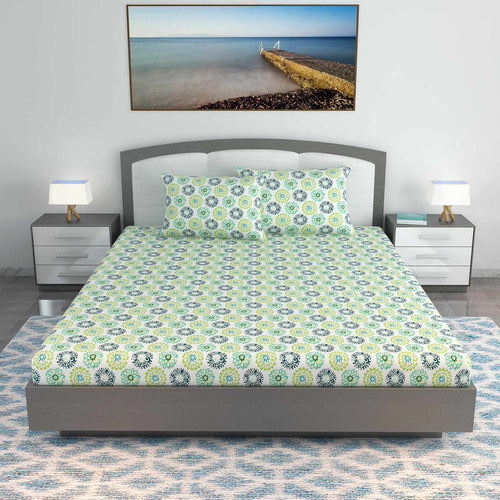 Green Dahlia Floral Printed Bedsheet For King Size Bed