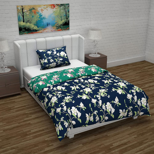 Microfiber Reversible Single Bed AC Duvet Cover with 1 Pillow Cover for Comforter Green & Navy Blue