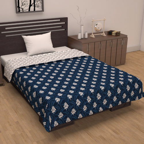Block Printed Reversible Single Bed AC Dohar - Navy Blue