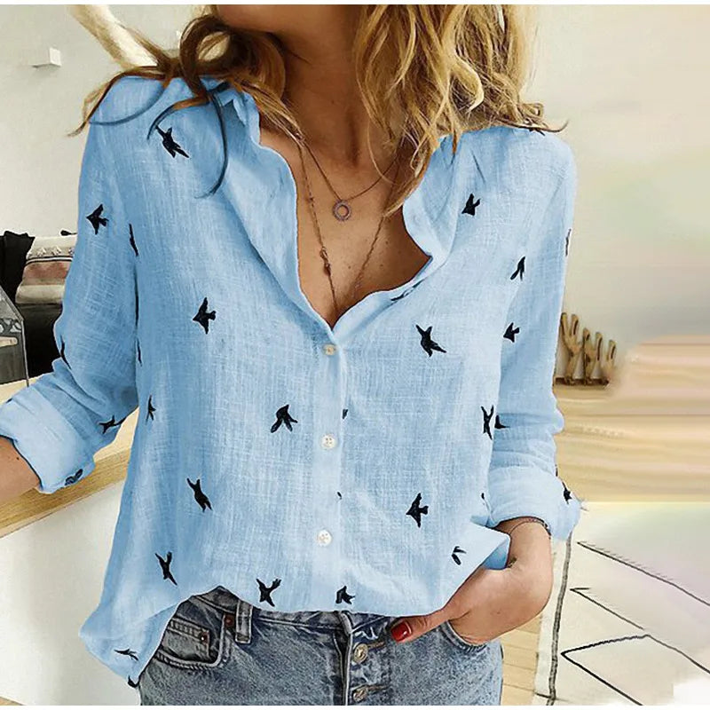 Acewonders™ Relaxed Bird-Print Button-Up Blouse