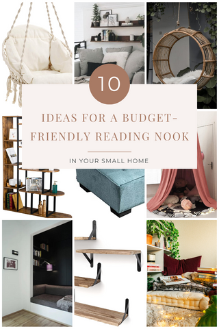 Collage of ideas for a budget friendly reading nook in a small home