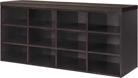 Dark storage shelf with 9 cubbies and cushioned top