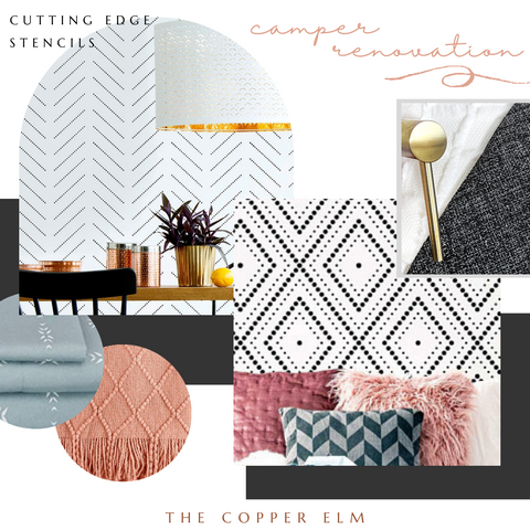 Camper renovation design board featuring Cutting Edge Stencils