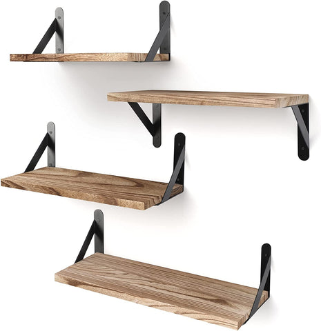 Floating wood shelves with metal brackets