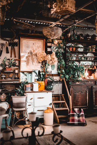 Maximalism living area with bookshelves and antique furniture