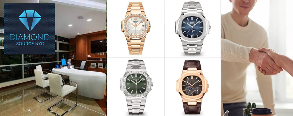 Interior of Diamond Source NYC showcasing Patek Philippe Nautilus watches and staff assisting a customer.