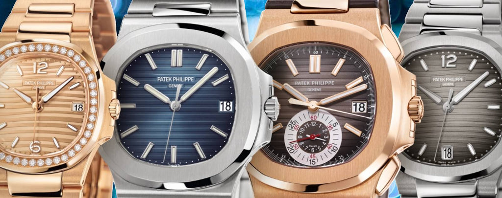 Collage showcasing different Patek Philippe Nautilus models for men and women, crafted from various materials like steel, rose gold, and white gold.