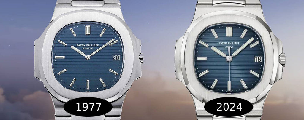 Vintage and modern Patek Philippe Nautilus watches side-by-side, highlighting the watch's timeless design.