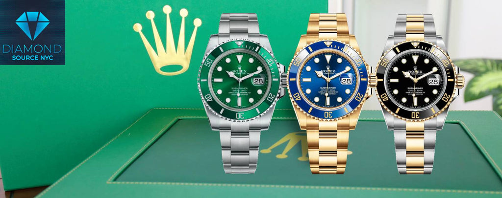 Three Rolex Submariner watches displayed side-by-side showcasing the difference between stainless steel, two-tone, and gold options.