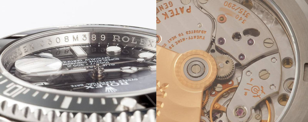 Close-up shot of a Rolex watch case back with engraved serial number