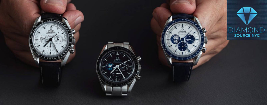 Group shot of various Omega Speedmaster watches