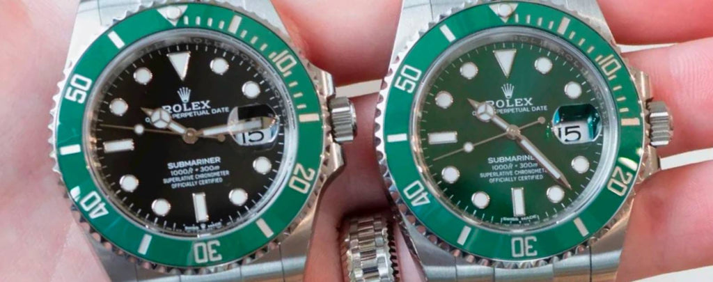 A display case showcasing various Rolex Submariner special edition models with unique bezels and dials