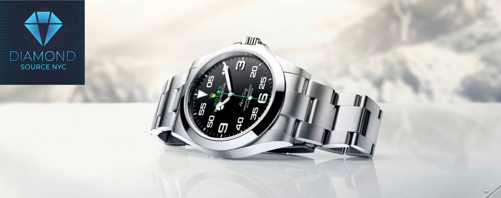 A photo of a Rolex Air-King watch, emphasizing its pilot watch design features.
