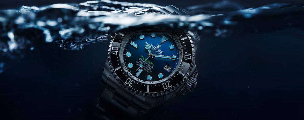 A black Rolex watch emerges from the depths, its luminescent hands slicing through the darkness, shrouded in an aura of intrigue.