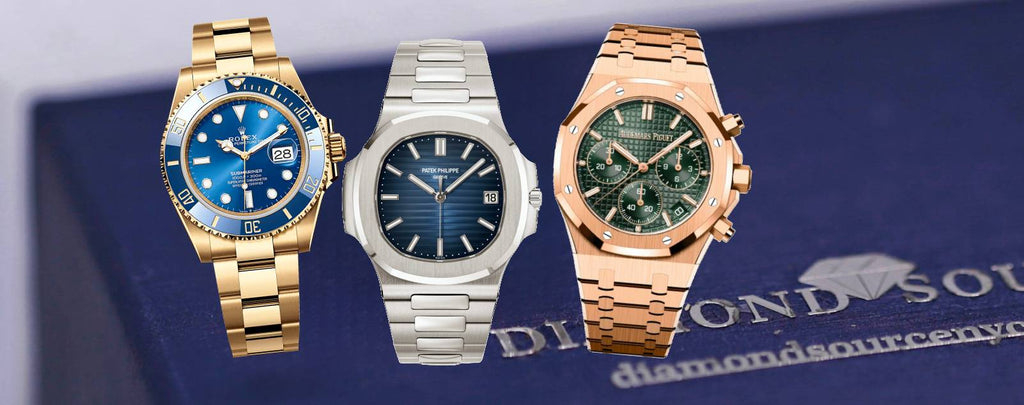 Collage of timepieces from Rolex, Patek Philippe, and Audemars Piguet