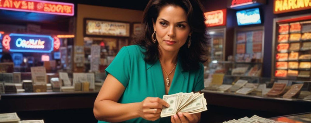 A woman holding a stack of cash in one hand and a pawn shop receipt in the other, with a jewelry store in the background.