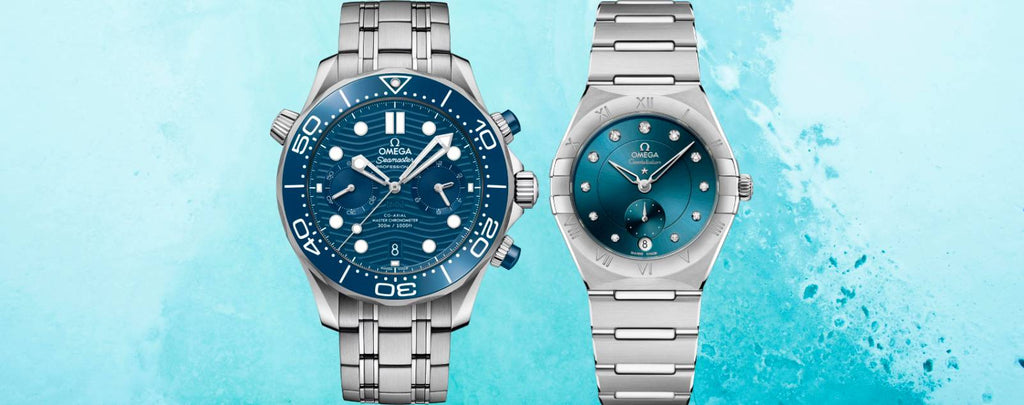A side-by-side comparison of two Omega watches: a sporty Seamaster and a classic Constellation.