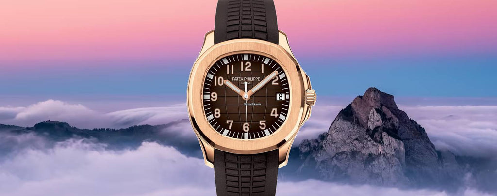 Close-up photo of a Patek Philippe Aquanaut 5167 Rose Gold watch.