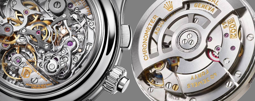 This image represents the complex and precise movements that power both Patek Philippe and Rolex timepieces.