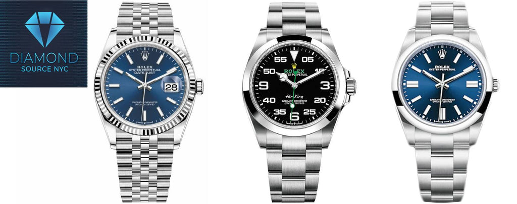 A comparison photo showing three Rolex models considered to be most affordable: Oyster Perpetual, Air-King, and Datejust.