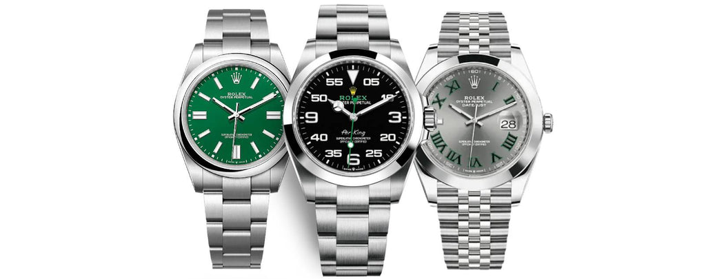 A comparison photo showing three Rolex models considered to be most affordable: Oyster Perpetual, Air-King, and Datejust.