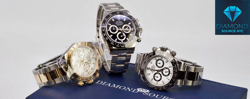 A stainless steel chronograph watch with three subdials and a tachymeter bezel.