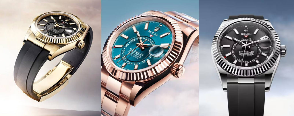 A collection of Sky-Dweller watches in various metals and dial colors, showcasing their diverse aesthetic appeal.