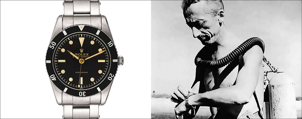 Jacques Cousteau wearing a Rolex Submariner ready to go underwater, capturing the spirit of exploration and the watch's resilience.