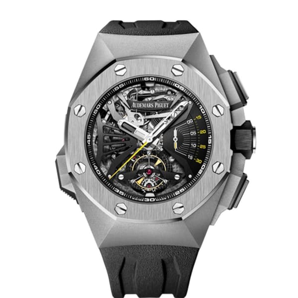 Audemars Piguet Royal Oak Concept Supersonnerie 44mm Men's Watch - Ref: 26577TI.OO.D002CA.01 - Black Dial in Titanium Case, Black Rubber Strap