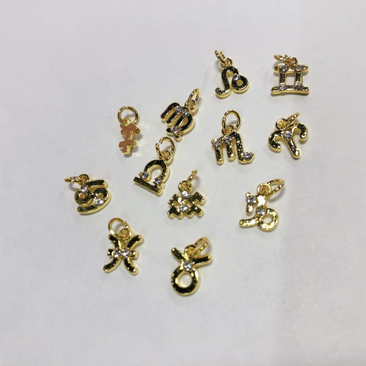 Wholesale 12 pcs Zodiac sign charms, Shiny Rhinestone gold zodiac charms,  glitter Astrology zodiac jewelry charms