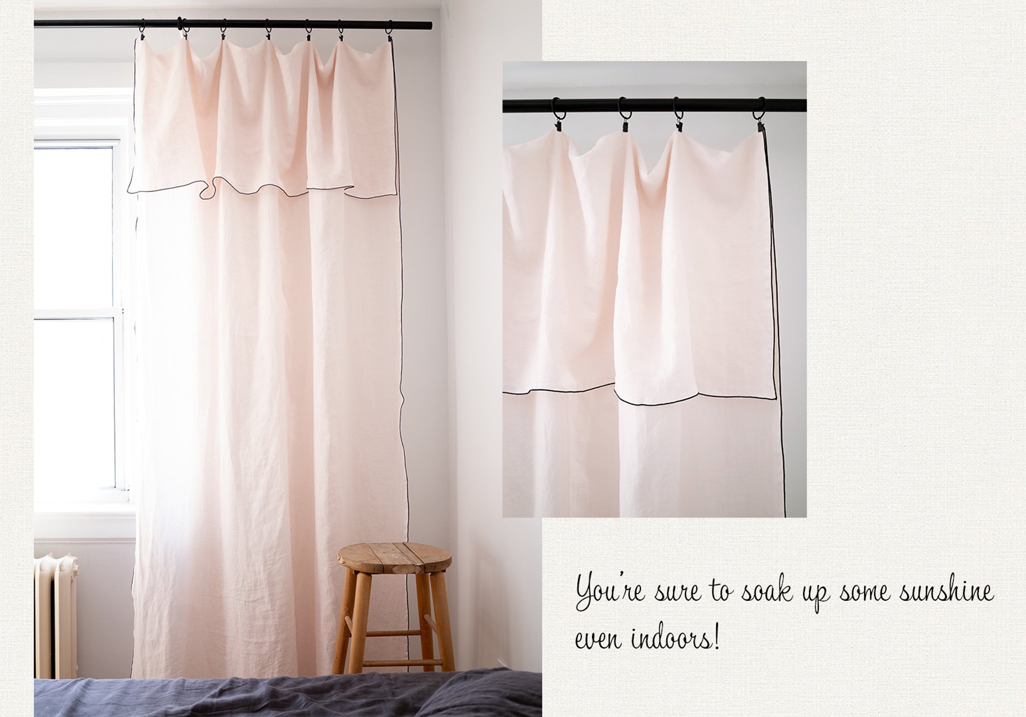 SOCCO Blush linen curtains with Black clips