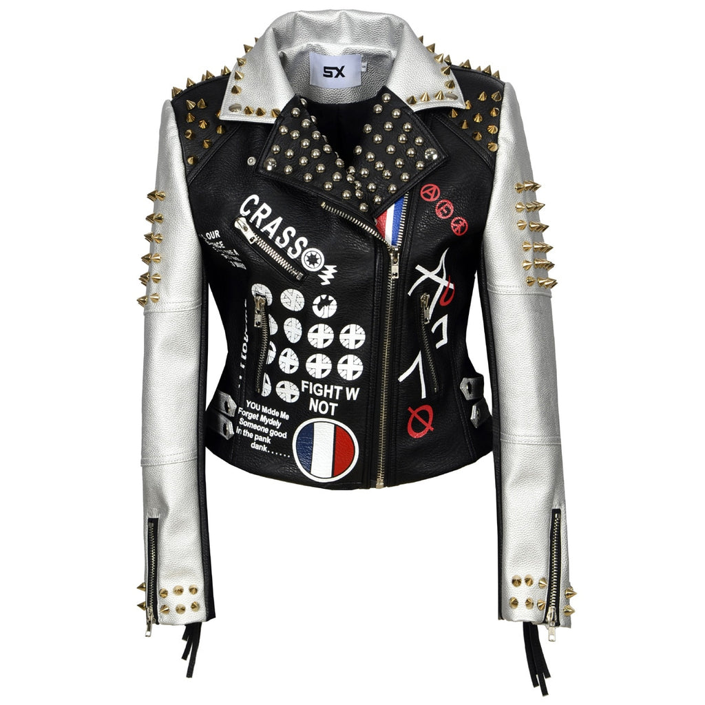 White Studded Punk Leather Jacket for Womens - Hleatherjackets